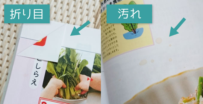 ページに折り目がついているものや、汚れているものの画像